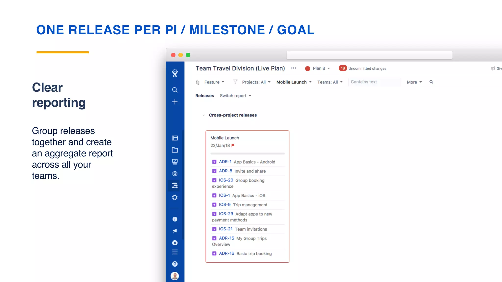 ONE RELEASE PER PI / MILESTONE / GOAL
Clear
reporting
Group releases
together and create
an aggregate report
across all your
teams.
 