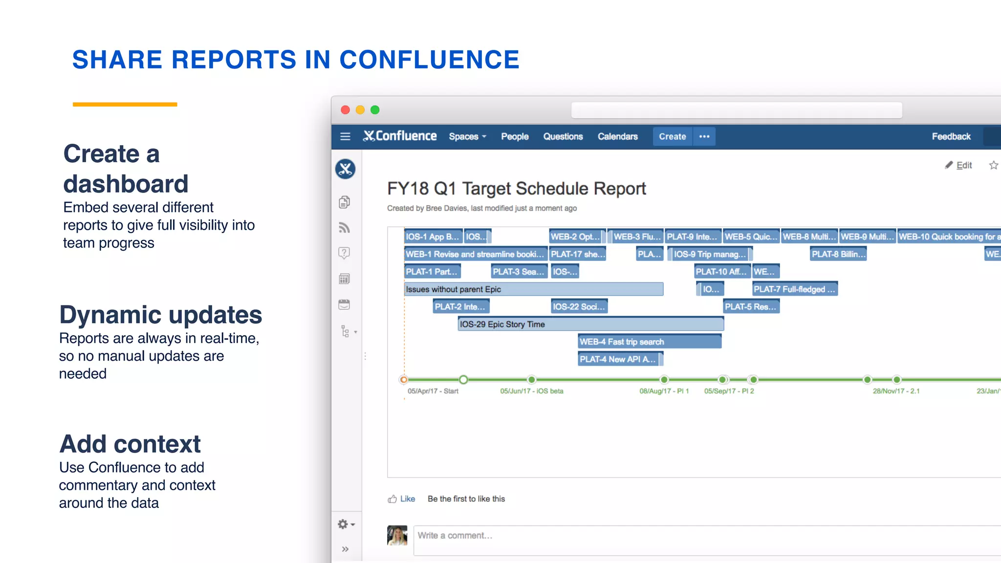 Create a
dashboard
Embed several different
reports to give full visibility into
team progress
SHARE REPORTS IN CONFLUENCE
Dynamic updates
Reports are always in real-time,
so no manual updates are
needed
Add context
Use Confluence to add
commentary and context
around the data
Please remember
You don’t always need the line or text at all.
 
