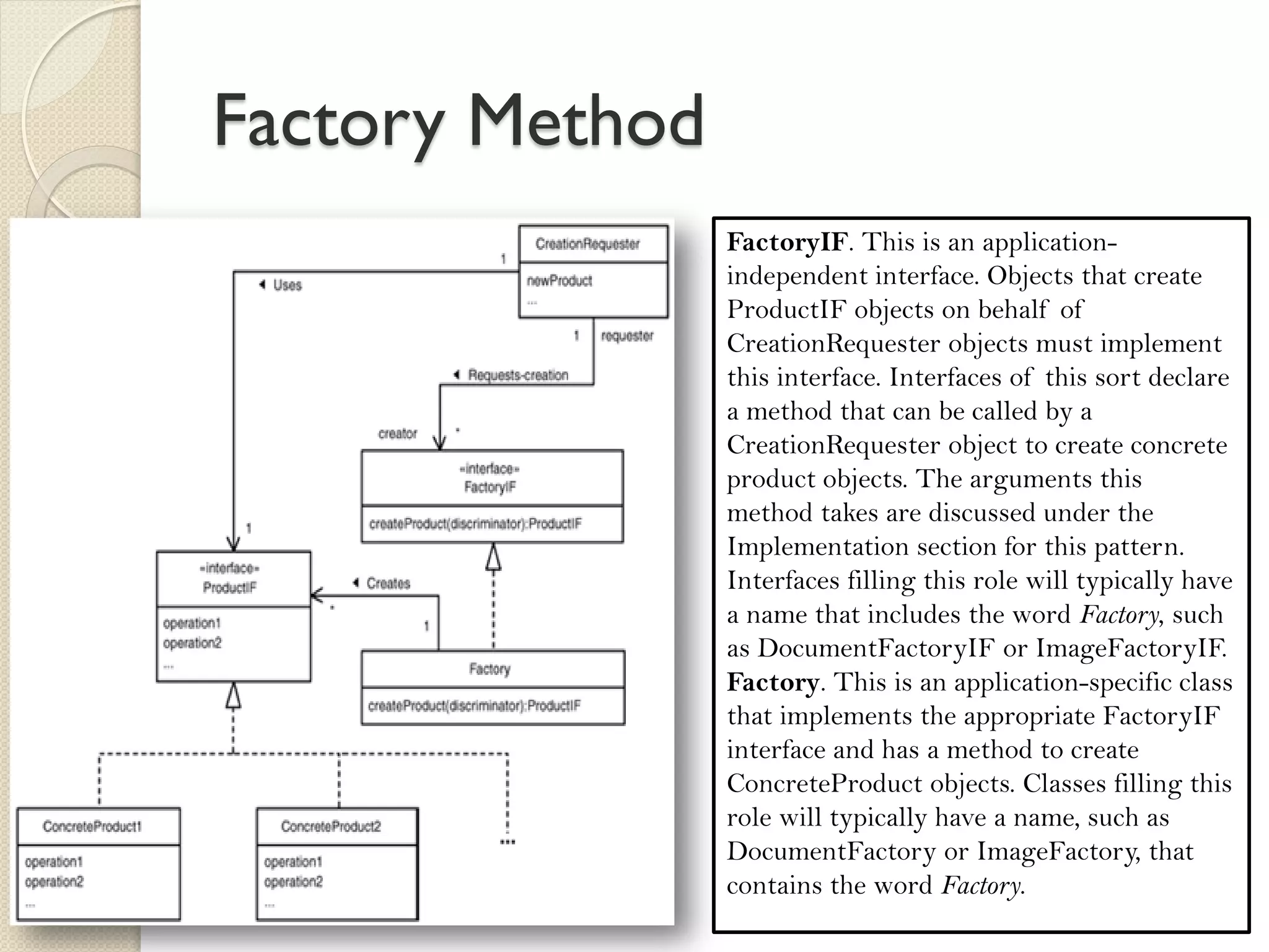 Factory Method 
ProductIF. The objects created using this pattern must implement an interface in this role. ConcreteProduct1, ConcreteProduct2, and so on. Classes in this role are instantiated by a Factory object. Classes in this role must implement the ProductIF interface. CreationRequester. A class in this role is an application-independent class that needs to create application-specific classes. It does so indirectly through an instance of a class that implements the FactoryIF interface. 
FactoryIF. This is an application- independent interface. Objects that create ProductIF objects on behalf of CreationRequester objects must implement this interface. Interfaces of this sort declare a method that can be called by a CreationRequester object to create concrete product objects. The arguments this method takes are discussed under the Implementation section for this pattern. 
Interfaces filling this role will typically have a name that includes the word Factory, such as DocumentFactoryIF or ImageFactoryIF. 
Factory. This is an application-specific class that implements the appropriate FactoryIF interface and has a method to create ConcreteProduct objects. Classes filling this role will typically have a name, such as DocumentFactory or ImageFactory, that contains the word Factory. 
 
