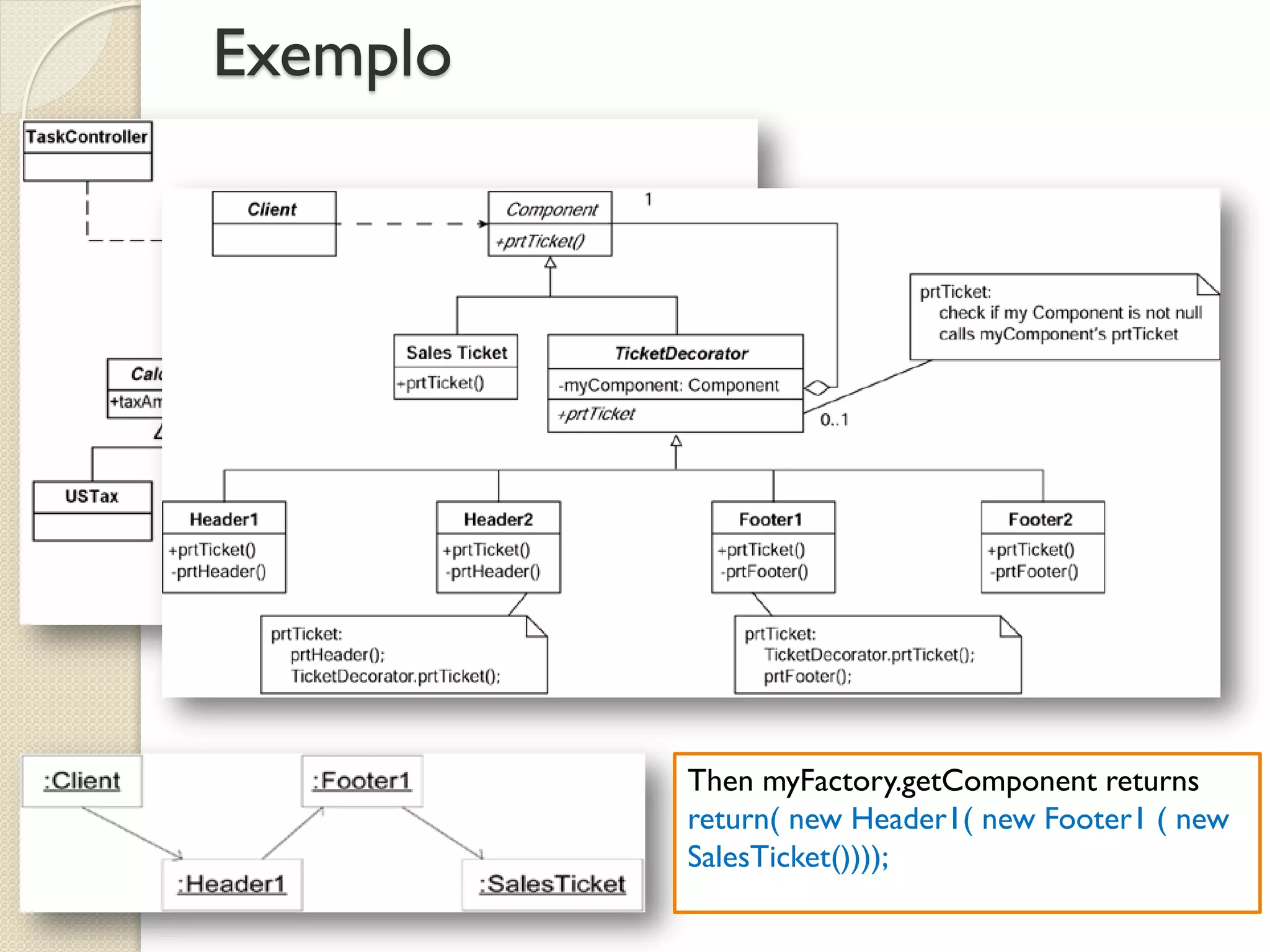 Exemplo 
Then myFactory.getComponent returns return( new Header1( new Footer1 ( new SalesTicket())));  