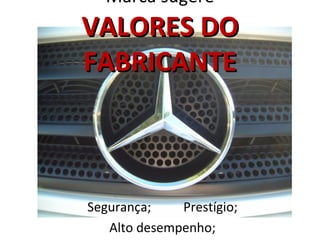 Marca sugere
VALORES DO
FABRICANTE



Segurança;    Prestígio;
   Alto desempenho;
 