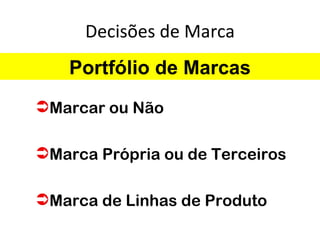 Decisões de Marca
    Portfólio de Marcas
Marcar ou Não

Marca Própria ou de Terceiros

Marca de Linhas de Produto
 