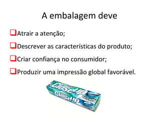 A embalagem deve
Atrair a atenção;
Descrever as características do produto;
Criar confiança no consumidor;
Produzir uma impressão global favorável.
 
