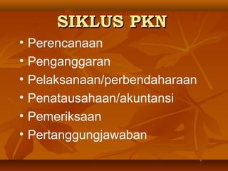SIKLUS PKNSIKLUS PKN
• Perencanaan
• Penganggaran
• Pelaksanaan/perbendaharaan
• Penatausahaan/akuntansi
• Pemeriksaan
• Pertanggungjawaban
 