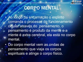 CORPO MENTAL
• Ao longo da encarnaçāo o espírito
comanda o processo do funcionamento
celular através do pensamento, o
pensamento é produto da mente e a
mente é extra cerebral, ela está no corpo
mental.
• Do corpo mental vem as ondas de
pensamento que viaja os corpos
espirituais e atinge o corpo físico.
 