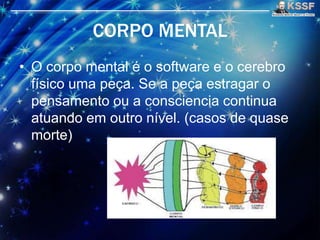 CORPO MENTAL
• O corpo mental é o software e o cerebro
físico uma peça. Se a peça estragar o
pensamento ou a consciencia continua
atuando em outro nível. (casos de quase
morte)
 