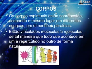 CORPOS
• Os corpos espirituais estāo sobrepostos,
ocupando o mesmo lugar em diferentes
espaços, em dimensões paralelas.
• Estāo vinculados moleculas a moleculas
de tal maneira que tudo que acontece em
um é repercutido no outro de forma
natural.
 