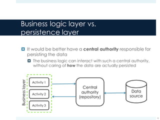 Business logic layer vs.
persistence layer
¤ It would be better have a central authority responsible for
persisting the data
¤ The business logic can interact with such a central authority,
without caring of how the data are actually persisted
10
Central
authority
(repository)
Data
source
Activity 1
Activity 2
Activity 3
Businesslayer
 
