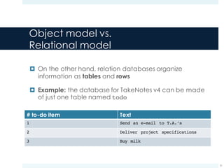 Object model vs.
Relational model
¤ On the other hand, relation databases organize
information as tables and rows
¤ Example: the database for TakeNotes v4 can be made
of just one table named todo
31
# to-do item Text
1 Send an e-mail to T.A.’s
2 Deliver project specifications
3 Buy milk
 