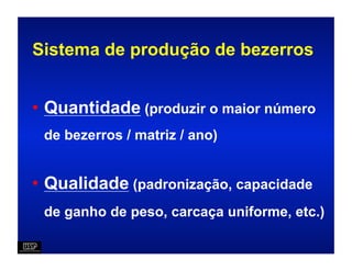 Sistema de produção de bezerros


• Quantidade (produzir o maior número
 de bezerros / matriz / ano)


• Qualidade (padronização, capacidade
 de ganho de peso, carcaça uniforme, etc.)
 