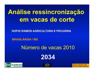 Análise ressincronização
   em vacas de corte
 HOFIG RAMOS AGRICULTURA E PECUÁRIA


 BRASILÄNDIA / MS


      Número de vacas 2010
                    2034
                                      Médico Veterinário , MS:
                                      Márcio de Oliveira Marques
 