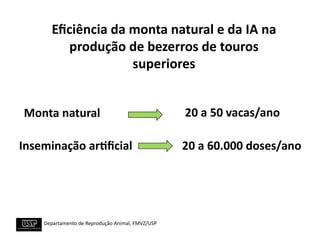 Eﬁciência	
  da	
  monta	
  natural	
  e	
  da	
  IA	
  na	
  
            produção	
  de	
  bezerros	
  de	
  touros	
  
                            superiores	
  


 Monta	
  natural	
                                                    20	
  a	
  50	
  vacas/ano	
  

Inseminação	
  ar/ﬁcial	
                                              20	
  a	
  60.000	
  doses/ano	
  




     	
  Departamento	
  de	
  Reprodução	
  Animal,	
  FMVZ/USP	
  
 