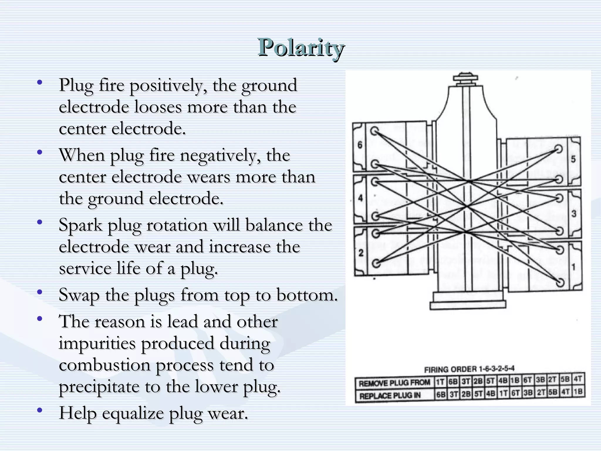 PolarityPolarity
• Plug fire positively, the groundPlug fire positively, the ground
electrode looses more than theelectrode looses more than the
center electrode.center electrode.
• When plug fire negatively, theWhen plug fire negatively, the
center electrode wears more thancenter electrode wears more than
the ground electrode.the ground electrode.
• Spark plug rotation will balance theSpark plug rotation will balance the
electrode wear and increase theelectrode wear and increase the
service life of a plug.service life of a plug.
• Swap the plugs from top to bottom.Swap the plugs from top to bottom.
• The reason is lead and otherThe reason is lead and other
impurities produced duringimpurities produced during
combustion process tend tocombustion process tend to
precipitate to the lower plug.precipitate to the lower plug.
• Help equalize plug wear.Help equalize plug wear.
 