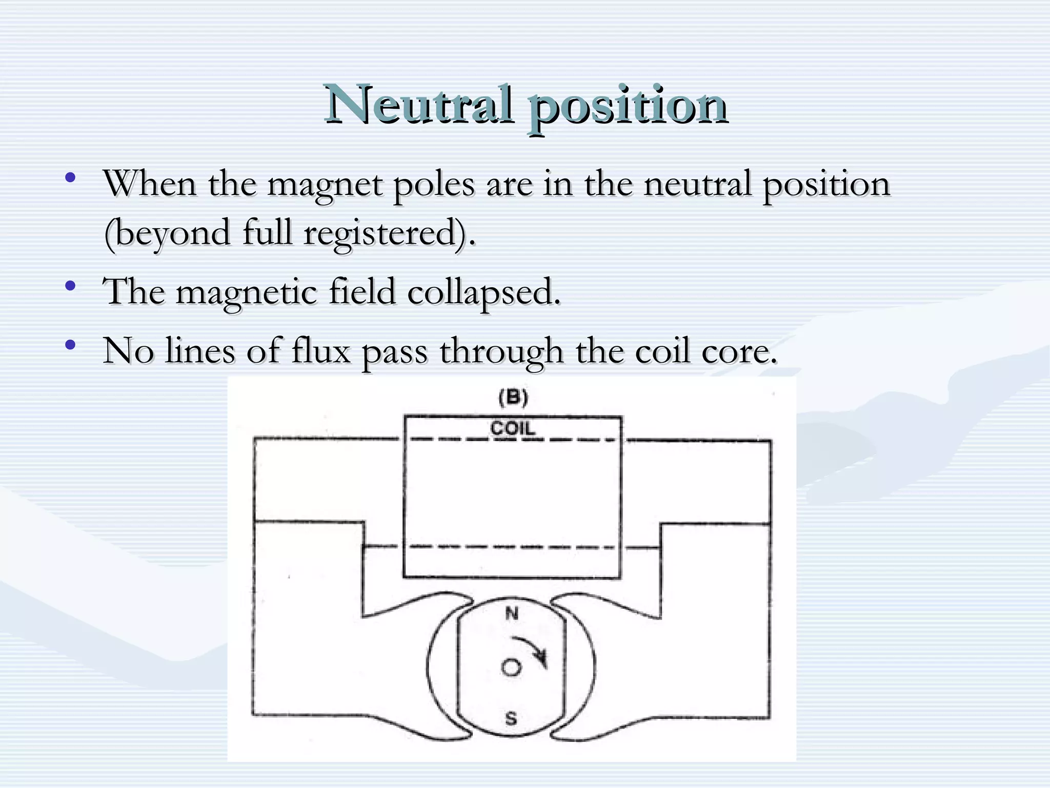 Neutral positionNeutral position
• When the magnet poles are in the neutral positionWhen the magnet poles are in the neutral position
(beyond full registered).(beyond full registered).
• The magnetic field collapsed.The magnetic field collapsed.
• No lines of flux pass through the coil core.No lines of flux pass through the coil core.
 