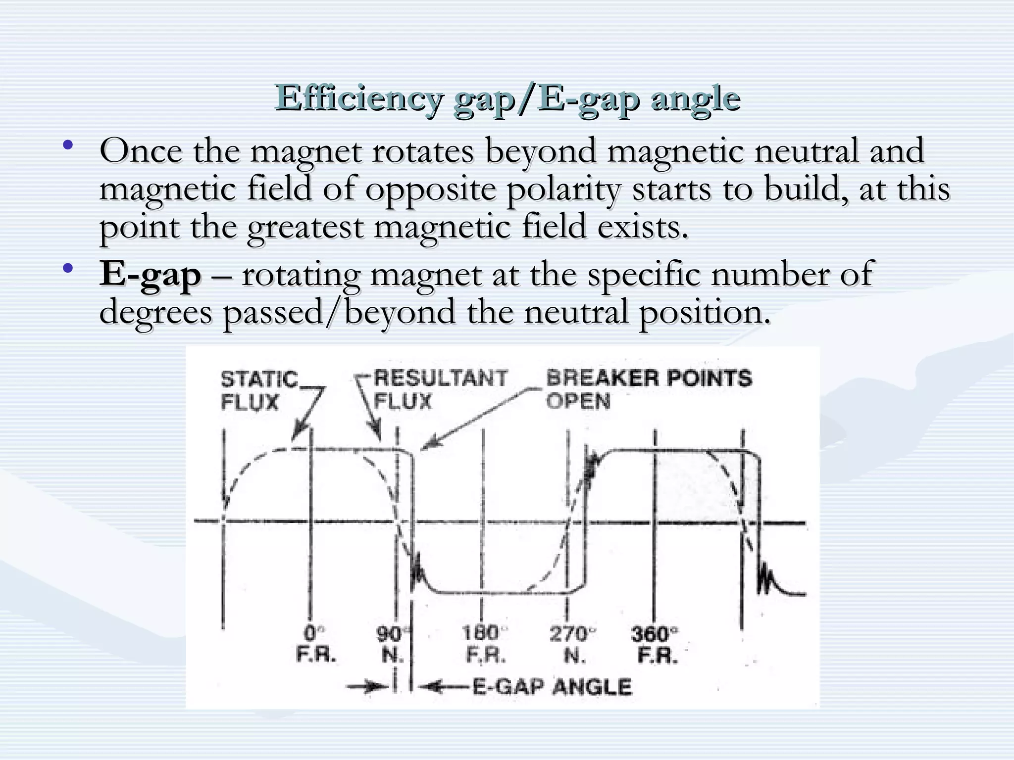 Efficiency gap/E-gap angleEfficiency gap/E-gap angle
• Once the magnet rotates beyond magnetic neutral andOnce the magnet rotates beyond magnetic neutral and
magnetic field of opposite polarity starts to build, at thismagnetic field of opposite polarity starts to build, at this
point the greatest magnetic field exists.point the greatest magnetic field exists.
• E-gapE-gap – rotating magnet at the specific number of– rotating magnet at the specific number of
degrees passed/beyond the neutral position.degrees passed/beyond the neutral position.
 