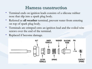 Harness constructionHarness construction
• Terminal ends on ignition leads consists of a silicone rubberTerminal ends on ignition leads consists of a silicone rubber
nose that slip into a spark plug body.nose that slip into a spark plug body.
• Referred asReferred as all weatherall weather terminal, prevent water from enteringterminal, prevent water from entering
on top of spark plug body.on top of spark plug body.
• Terminals are crimped onto an ignition lead and the coiled wireTerminals are crimped onto an ignition lead and the coiled wire
screws over the end of the terminal.screws over the end of the terminal.
• Replaced if become damage.Replaced if become damage.
 