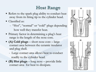 Heat RangeHeat Range
▪▪ Refers to the spark plug ability to conduct heatRefers to the spark plug ability to conduct heat
away from its firing tip to the cylinder head.away from its firing tip to the cylinder head.
▪▪ Classified as:Classified as:
- “Hot”, “normal” or “cold” plugs depending- “Hot”, “normal” or “cold” plugs depending
how well they transfer heat.how well they transfer heat.
▪▪ Primary factor in determining a plug’s heatPrimary factor in determining a plug’s heat
range is the length of the nose core.range is the length of the nose core.
▪▪ (A)(A) Cold plugsCold plugs – short nose core – large– short nose core – large
contact area between the ceramic insulatorcontact area between the ceramic insulator
and plug shell.and plug shell.
- Large contact area allows heat to conduct- Large contact area allows heat to conduct
readily to the cylinder head.readily to the cylinder head.
▪▪ (B)(B) Hot plugsHot plugs – long nose – provide little– long nose – provide little
contact area for heat to dissipate.contact area for heat to dissipate.
 
