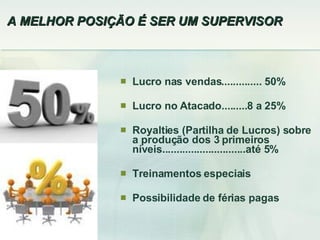 A MELHOR POSIÇÃO É SER UM SUPERVISOR Lucro nas vendas.............. 50% Lucro no Atacado.........8 a 25% Royalties (Partilha de Lucros) sobre a produção dos 3 primeiros níveis.............................até 5% Treinamentos especiais Possibilidade de férias pagas 
