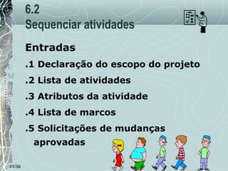 6.2
Sequenciar atividades
Entradas
T
E
M
P
O

.1 Declaração do escopo do projeto
.2 Lista de atividades
.3 Atributos da atividade
.4 Lista de marcos
.5 Solicitações de mudanças
aprovadas

11/36

 