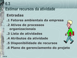 6.3
Estimar recursos da atividade
Entradas
T .1 Fatores ambientais da empresa
E
M .2 Ativos de processos
P
organizacionais
O

.3 Lista de atividades

.4 Atributos da atividade
.5 Disponibilidade de recursos
.6 Plano de gerenciamento do projeto
20/36

 