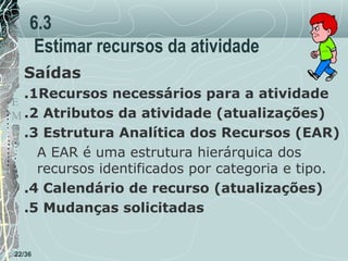 6.3
Estimar recursos da atividade
Saídas
T
.1Recursos necessários para a atividade
E
M .2 Atributos da atividade (atualizações)
P .3 Estrutura Analítica dos Recursos (EAR)
O

A EAR é uma estrutura hierárquica dos
recursos identificados por categoria e tipo.
.4 Calendário de recurso (atualizações)
.5 Mudanças solicitadas

22/36

 