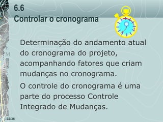6.6
Controlar o cronograma
T
E
M
P
O

Determinação do andamento atual
do cronograma do projeto,
acompanhando fatores que criam
mudanças no cronograma.
O controle do cronograma é uma
parte do processo Controle
Integrado de Mudanças.

32/36

 