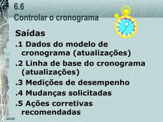 6.6
Controlar o cronograma
Saídas
T
E
M
P
O

35/36

.1 Dados do modelo de
cronograma (atualizações)
.2 Linha de base do cronograma
(atualizações)
.3 Medições de desempenho
.4 Mudanças solicitadas
.5 Ações corretivas
recomendadas

 