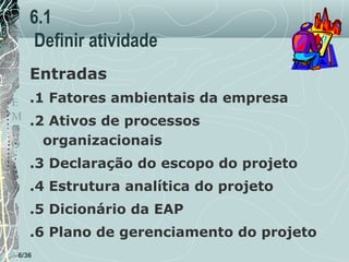 6.1
Definir atividade
Entradas

T
E .1 Fatores ambientais da empresa
M .2 Ativos de processos
P
organizacionais
O

.3 Declaração do escopo do projeto
.4 Estrutura analítica do projeto
.5 Dicionário da EAP
.6 Plano de gerenciamento do projeto
6/36

 