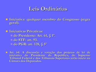 Leis Ordinárias Iniciativa: qualquer membro do Congresso (regra geral). Iniciativas Privativas: do Presidente: Art. 61, § 1º. do STF: art. 93. do PGR: art. 128, § 5º Art. 64. A discussão e votação dos projetos de lei de iniciativa do Presidente da República, do Supremo Tribunal Federal e dos Tribunais Superiores terão início na Câmara dos Deputados. 