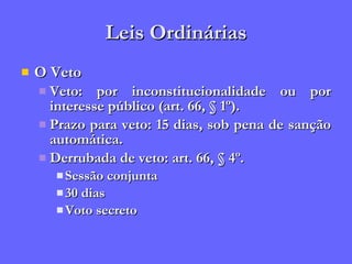 Leis Ordinárias O Veto Veto: por inconstitucionalidade ou por interesse público (art. 66, § 1º). Prazo para veto: 15 dias, sob pena de sanção automática. Derrubada de veto: art. 66, § 4º. Sessão conjunta 30 dias Voto secreto 