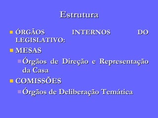 Estrutura ÓRGÃOS INTERNOS DO LEGISLATIVO: MESAS Órgãos de Direção e Representação da Casa COMISSÕES Órgãos de Deliberação Temática 