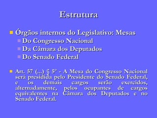 Estrutura Órgãos internos do Legislativo: Mesas Do Congresso Nacional Da Câmara dos Deputados Do Senado Federal Art. 57 (...) § 5º - A Mesa do Congresso Nacional será presidida pelo Presidente do Senado Federal, e os demais cargos serão exercidos, alternadamente, pelos ocupantes de cargos equivalentes na Câmara dos Deputados e no Senado Federal. 