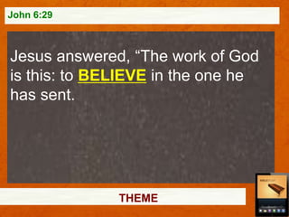 John 6:29

Jesus answered, “The work of God
is this: to BELIEVE in the one he
has sent.

THEME

 