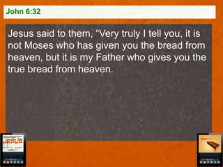 John 6:32

Jesus said to them, “Very truly I tell you, it is
not Moses who has given you the bread from
heaven, but it is my Father who gives you the
true bread from heaven.

 