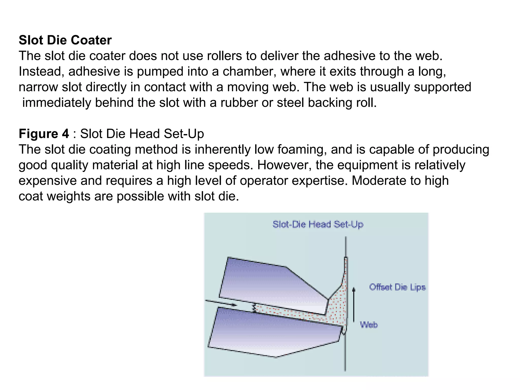 Slot Die Coater  The slot die coater does not use rollers to deliver the adhesive to the web.  Instead, adhesive is pumped into a chamber, where it exits through a long,  narrow slot directly in contact with a moving web. The web is usually supported immediately behind the slot with a rubber or steel backing roll.                                                                     Figure 4  : Slot Die Head Set-Up  The slot die coating method is inherently low foaming, and is capable of producing  good quality material at high line speeds. However, the equipment is relatively  expensive and requires a high level of operator expertise. Moderate to high  coat weights are possible with slot die.  