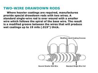       Where heavier coatings are required, manufactures provide special drawdown rods with two wires. A standard single-wire rod is over wound with a smaller wire which follows the spiral of the base wire. The result is a modified groove between the wires that will produce wet coatings up to 19 mils (.019") thick. TWO-WIRE DRAWDOWN RODS 