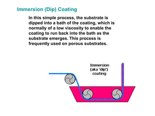 In this simple process, the substrate is dipped into a bath of the coating, which is normally of a low viscosity to enable the coating to run back into the bath as the substrate emerges. This process is frequently used on porous substrates.   Immersion (Dip) Coating 
