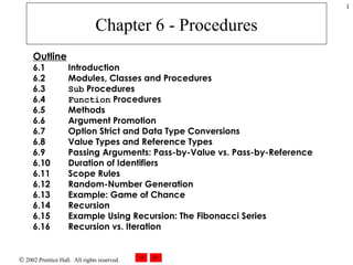 Chapter 6 - Procedures Outline 6.1 Introduction 6.2   Modules, Classes and Procedures 6.3   Sub  Procedures 6.4   Function  Procedures 6.5   Methods 6.6   Argument Promotion 6.7   Option Strict and Data Type Conversions 6.8   Value Types and Reference Types 6.9   Passing Arguments: Pass-by-Value vs. Pass-by-Reference 6.10   Duration of Identifiers 6.11   Scope Rules 6.12   Random-Number Generation 6.13   Example: Game of Chance 6.14   Recursion 6.15   Example Using Recursion: The Fibonacci Series 6.16   Recursion vs. Iteration 