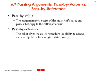 6.9 Passing Arguments: Pass-by-Value vs. Pass-by-Reference Pass-by-value The program makes a copy of the argument’s value and passes that copy to the called procedure Pass-by-reference The caller gives the called procedure the ability to access and modify the caller’s original data directly. 