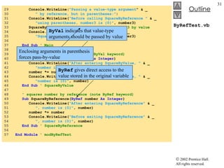 ByRefTest.vb 29  Console.WriteLine ( "Passing a value-type argument "  & _ 30  " by reference, but in parentheses:" ) 31  Console.WriteLine( "Before calling SquareByReference "  & _ 32  "using parentheses, number3 is {0}" , number3) 33  SquareByReference((number3))  ' passes number3 by value 34  Console.WriteLine( "After returning from "  & _ 35  "SquareByReference, number3 is {0}" , number3) 36  37  End Sub  ' Main 38  39  ' squares number by value (note ByVal keyword) 40  Sub  SquareByValue( ByVal  number  As Integer ) 41  Console.WriteLine( "After entering SquareByValue, "  & _ 42  "number is {0}" , number) 43  number *= number 44  Console.WriteLine( "Before exiting SquareByValue, "  & _ 45  "number is {0}" , number) 46  End Sub   ' SquareByValue 47  48  ' squares number by reference (note ByRef keyword) 49  Sub  SquareByReference( ByRef  number  As Integer ) 50  Console.WriteLine( "After entering SquareByReference"  & _ 51  ", number is {0}" , number) 52  number *= number 53  Console.WriteLine( "Before exiting SquareByReference"  & _ 54  ", number is {0}" , number) 55  End Sub   ' SquareByReference 56  57  End Module   ' modByRefTest ByVal  indicates that value-type arguments should be passed by value ByRef  gives direct access to the value stored in the original variable Enclosing arguments in parenthesis forces pass-by-value 