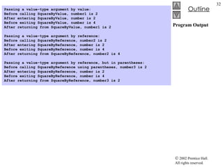 Program Output Passing a value-type argument by value: Before calling SquareByValue, number1 is 2 After entering SquareByValue, number is 2 Before exiting SquareByValue, number is 4 After returning from SquareByValue, number1 is 2   Passing a value-type argument by reference: Before calling SquareByReference, number2 is 2 After entering SquareByReference, number is 2 Before exiting SquareByReference, number is 4 After returning from SquareByReference, number2 is 4   Passing a value-type argument by reference, but in parentheses: Before calling SquareByReference using parentheses, number3 is 2 After entering SquareByReference, number is 2 Before exiting SquareByReference, number is 4 After returning from SquareByReference, number3 is 2 
