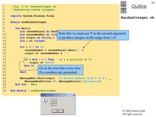 RandomInteger.vb 1  ' Fig. 6.14: RandomInteger.vb 2  ' Generating random integers. 3  4  Imports  System.Windows.Forms 5  6  Module  modRandomInteger 7  8  Sub  Main() 9  Dim  randomObject  As  Random =  New  Random() 10  Dim  randomNumber  As   Integer 11  Dim  output  As   String  =  "" 12  Dim  i  As Integer 13  14  For  i =  1   To   20 15  randomNumber = randomObject.Next( 1 ,  7 ) 16  output &= randomNumber &  " " 17  18  If  i  Mod   5  =  0   Then  ' is i a multiple of 5? 19  output &=  vbCrLf 20  End   If 21  22  Next 23  24  MessageBox.Show(output,  "20 Random Numbers from 1 to 6" , _ 25  MessageBoxButtons. OK , MessageBoxIcon. Information ) 26  End Sub  ' Main 27  28  End Module  ' modRandomInteger Note that we must use  7  as the second argument to produce integers in the range from 1-6 Go to the next line every time five numbers are generated 