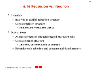6.16 Recursion vs. Iteration Iteration  Involves an explicit repetition structure Uses a repetition structure For ,  While  or  Do / Loop   Until Recursion Achieves repetition through repeated procedure calls Uses a selection structure If / Then ,  If / Then / Else  or  Select Recursive calls take time and consume additional memory 