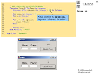 Power.vb 36  37  ' use iteration to calculate power 38  Function  Power( ByVal  base  As   Integer , _ 39  Optional   ByVal  exponent  As   Integer  =  2 )  As   Integer 40  41  Dim  total  As   Integer  =  1 42  Dim  i  As   Integer 43  44  For  i =  1   To  exponent 45  total *= base 46  Next 47  48  Return  total 49  End   Function  ' Power 50  51  End   Class  ' FrmPower When omitted, the  Optional  argument defaults to the value  2 