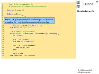 DiceModule.vb 1  ' Fig. 6.25: DiceModule.vb 2  ' A collection of common dice procedures. 3  4  Imports  System.IO 5  6  Module  modDice 7  8  Dim  randomObject  As  Random =  New  Random() 9  10  ' rolls single die 11  Function  RollDie()  As   Integer 12  Return  randomObject.Next( 1 ,  7 ) 13  End   Function  ' RollDie 14  15  ' die summation procedure 16  Function  RollAndSum( ByVal  diceNumber  As   Integer ) _ 17  As   Integer 18  19  Dim  i  As Integer  20  Dim  sum  As   Integer  =  0 21  22  For  i =  1   To  diceNumber 23  sum += RollDie() 24  Next 25  26  Return  sum 27  End   Function  ' RollAndSum modDice  groups several dice-related procedures into a module for reuse in other programs that use dice 