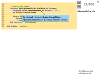 DiceModule.vb 28  29  ' returns die image 30  Function  GetDieImage( ByVal  dieValue  As   Integer , _ 31  Optional   ByVal  baseImageName  As   String  =  "die" ) _ 32  As  System.Drawing.Image 33  34  Return  Image.FromFile( _ 35  Directory.GetCurrentDirectory & _ 36  "\Images\"  & baseImageName & dieValue &  ".png" ) 37  End   Function  ' GetDieImage 38  39  End   Module   ' modDice Optional  parameter  baseImageName  represents the prefix of the image name to be used 