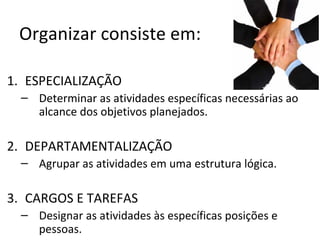 Organizar consiste em:

1. ESPECIALIZAÇÃO
  – Determinar as atividades específicas necessárias ao
    alcance dos objetivos planejados.

2. DEPARTAMENTALIZAÇÃO
  – Agrupar as atividades em uma estrutura lógica.

3. CARGOS E TAREFAS
  – Designar as atividades às específicas posições e
    pessoas.
 
