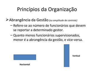 Princípios da Organização
 Abrangência da Gestão (ou amplitude de controle)
   – Refere-se ao número de funcionários que devem
     se reportar a determinado gestor.
   – Quanto menos funcionários supervisionados,
     menor é a abrangência da gestão, e vice-versa.



                                              Vertical


         Horizontal
 