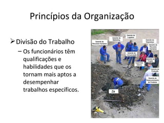Princípios da Organização

 Divisão do Trabalho
  – Os funcionários têm
    qualificações e
    habilidades que os
    tornam mais aptos a
    desempenhar
    trabalhos específicos.
 