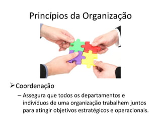 Princípios da Organização




 Coordenação
  – Assegura que todos os departamentos e
    indivíduos de uma organização trabalhem juntos
    para atingir objetivos estratégicos e operacionais.
 